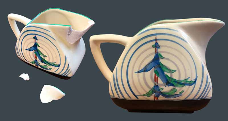 Ceramic Jug Repair Before and after with broken pieces restored.